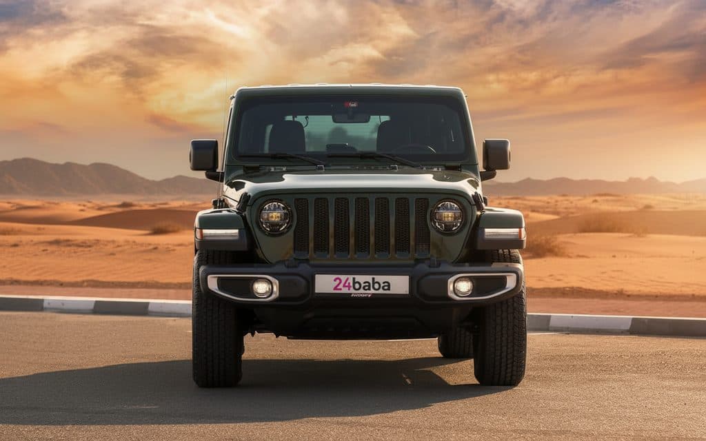 Jeep Wrangler 2021 Green front view with headlights – rental in Dubai