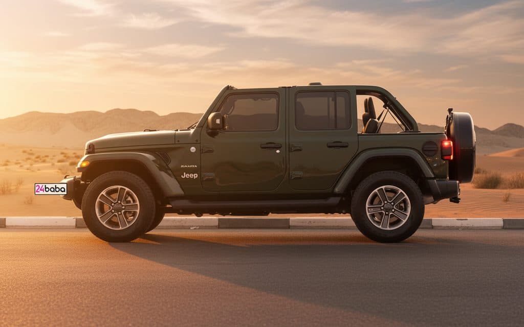Jeep Wrangler 2021 Green side profile – rental in Dubai