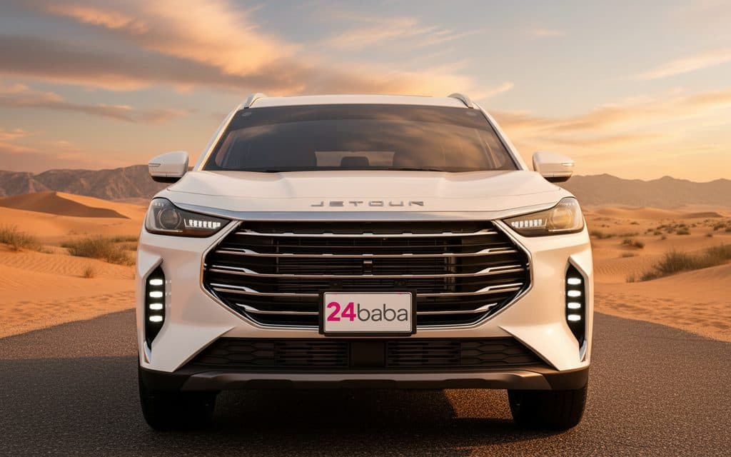Jetour X70 2024 White front view with headlights – rental in Dubai
