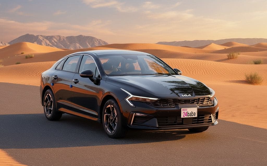 Kia K5 2025 Black front view with headlights – rental in Dubai