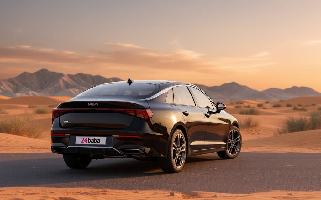 Kia K5 2025 Black rear view showing taillights – rental in Dubai