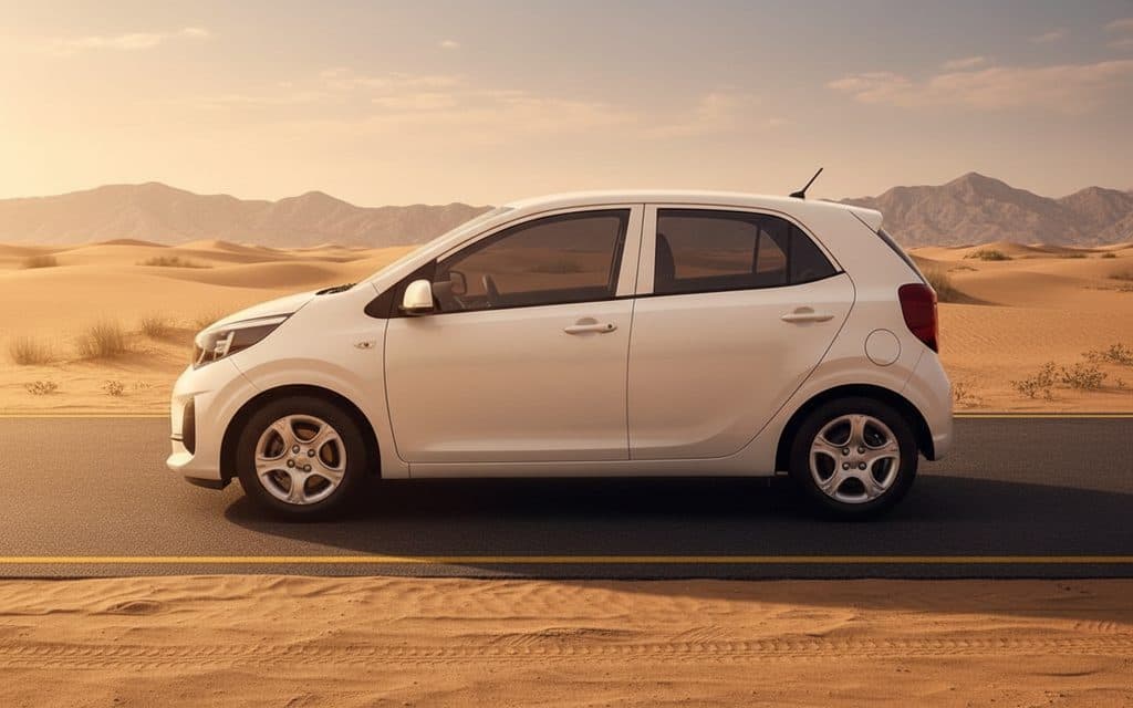 Kia Morning 2021 White side profile – rental in Dubai