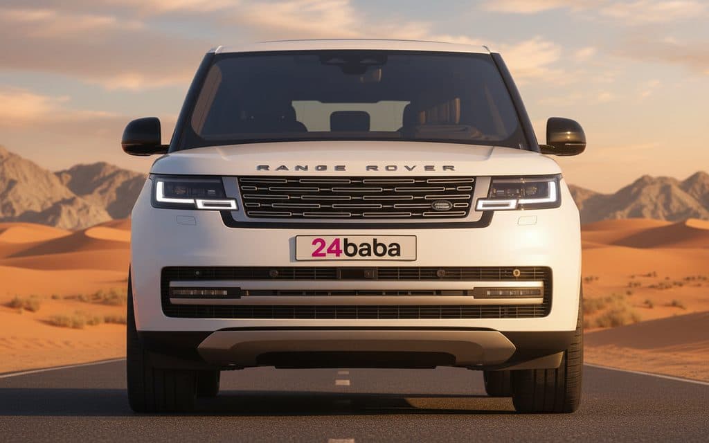 LandRover RangeRoverVogue 2023 White front view with headlights – rental in Dubai