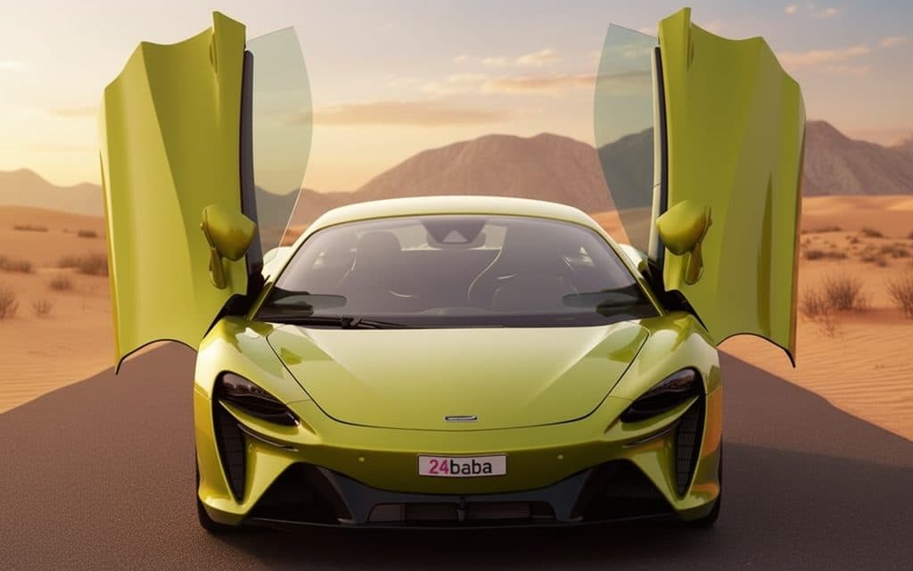 Mclaren Artura 2024 Yellow front view with headlights – rental in Dubai