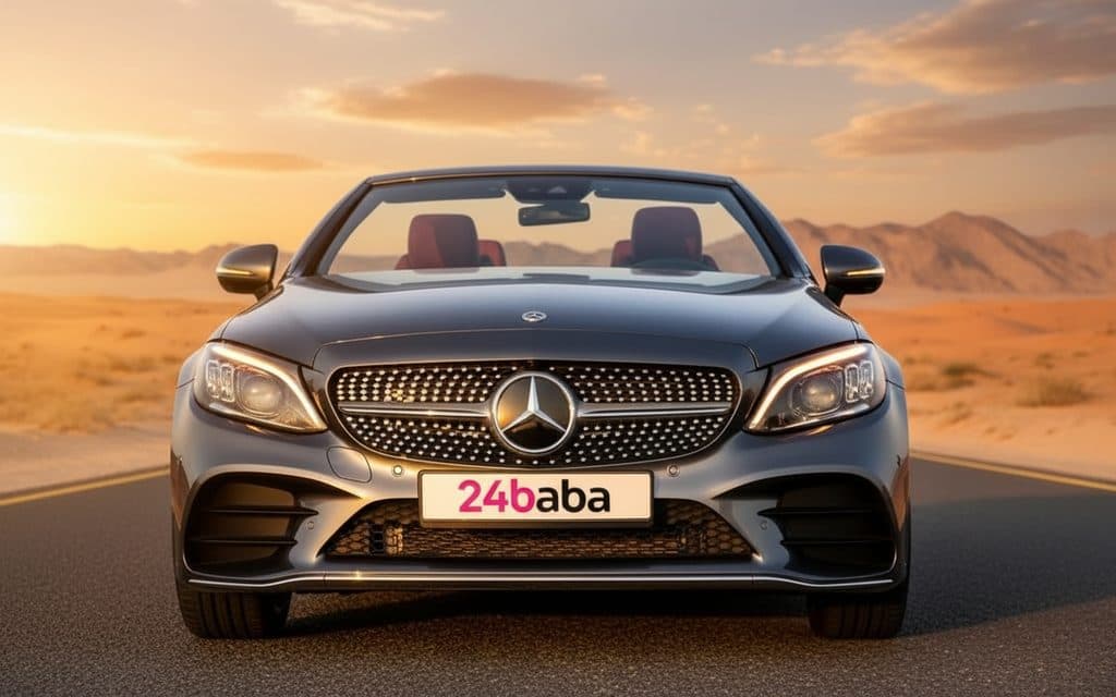 Mercedes C200 2023 Grey front view with headlights – rental in Dubai