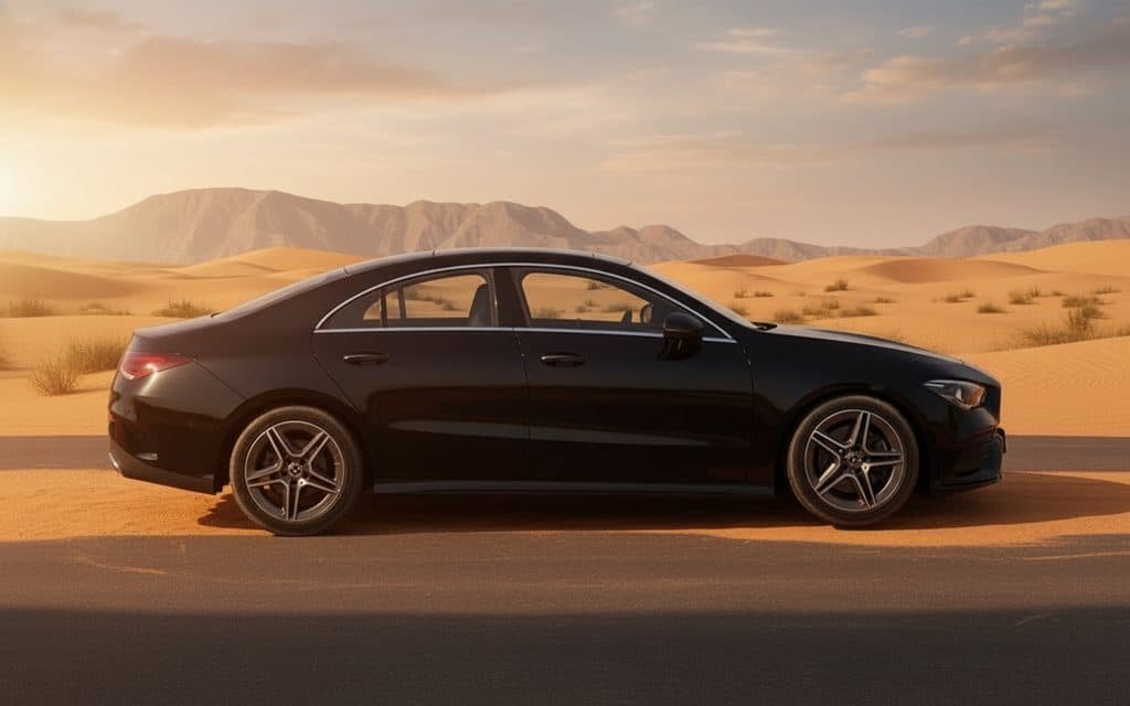Mercedes Cla200 2022 Black side profile – rental in Dubai
