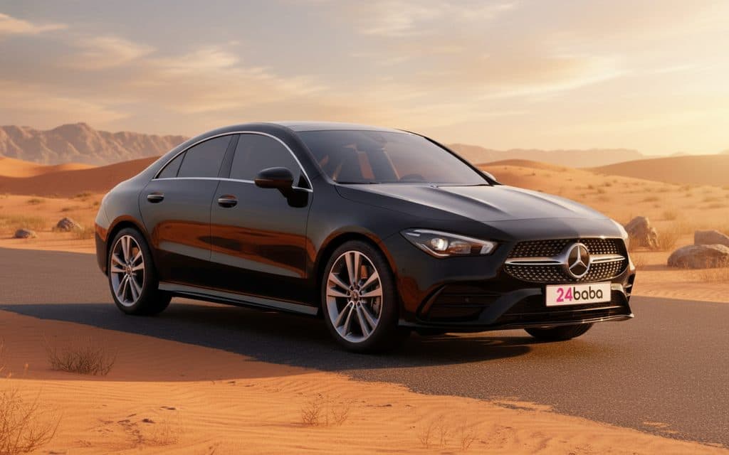 Mercedes Cla250 2020 Black front view with headlights – rental in Dubai