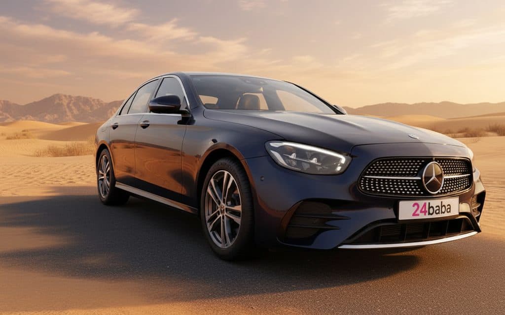 Mercedes E350 2021 Blue front view with headlights – rental in Dubai