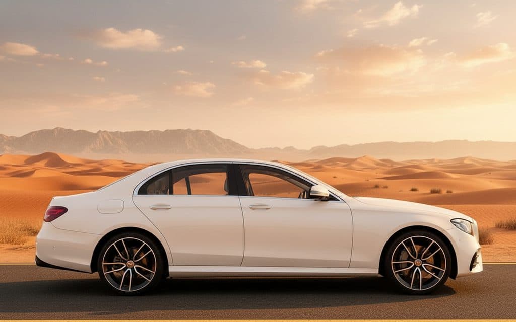 Mercedes E350 2022 White side profile – rental in Dubai