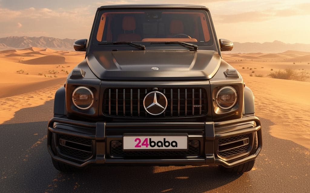 Mercedes G63 2023 Black front view with headlights – rental in Dubai