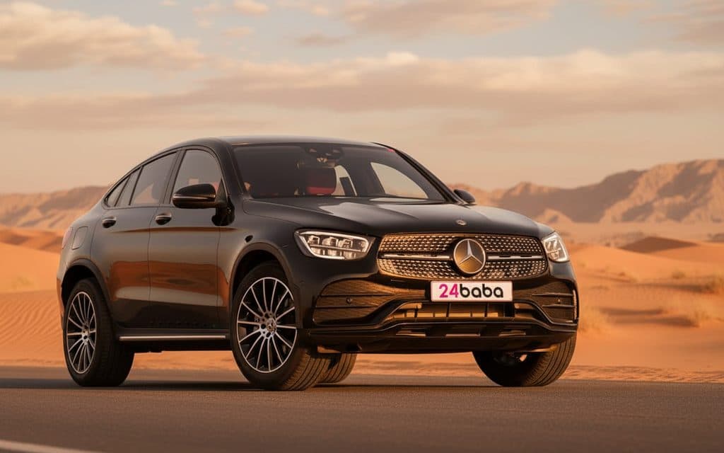 Mercedes Glc200 2022 Black front view with headlights – rental in Dubai