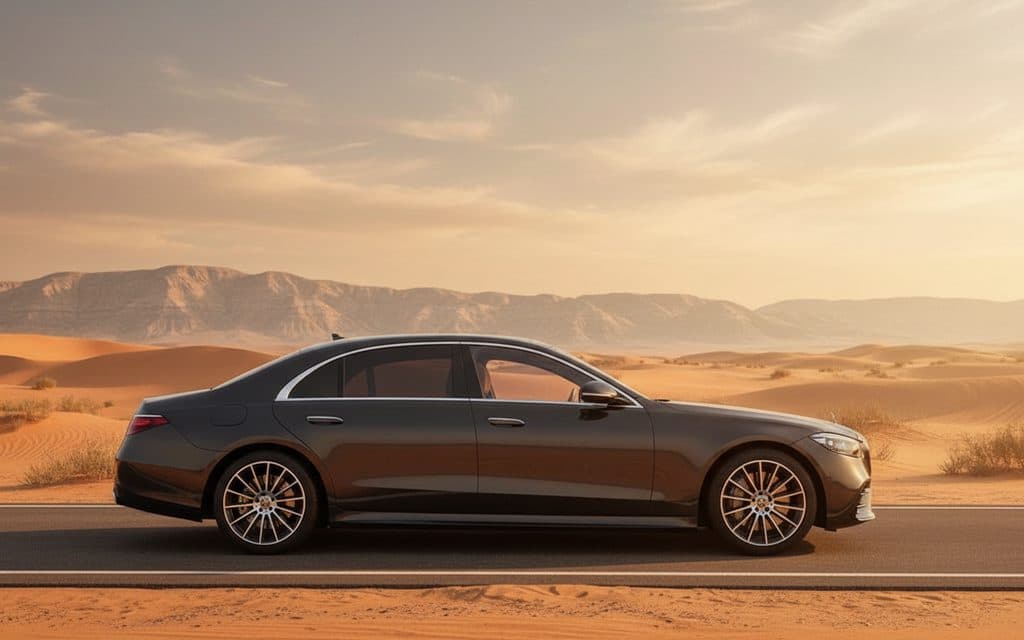 Mercedes S500 2021 Black side profile – rental in Dubai