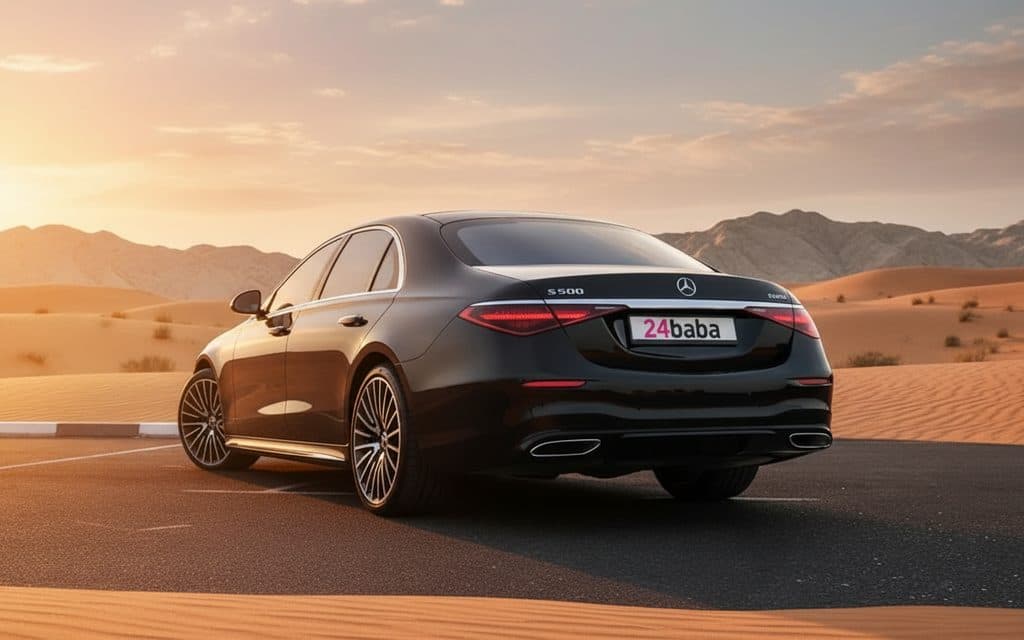 Mercedes S500 2021 Black rear view showing taillights – rental in Dubai
