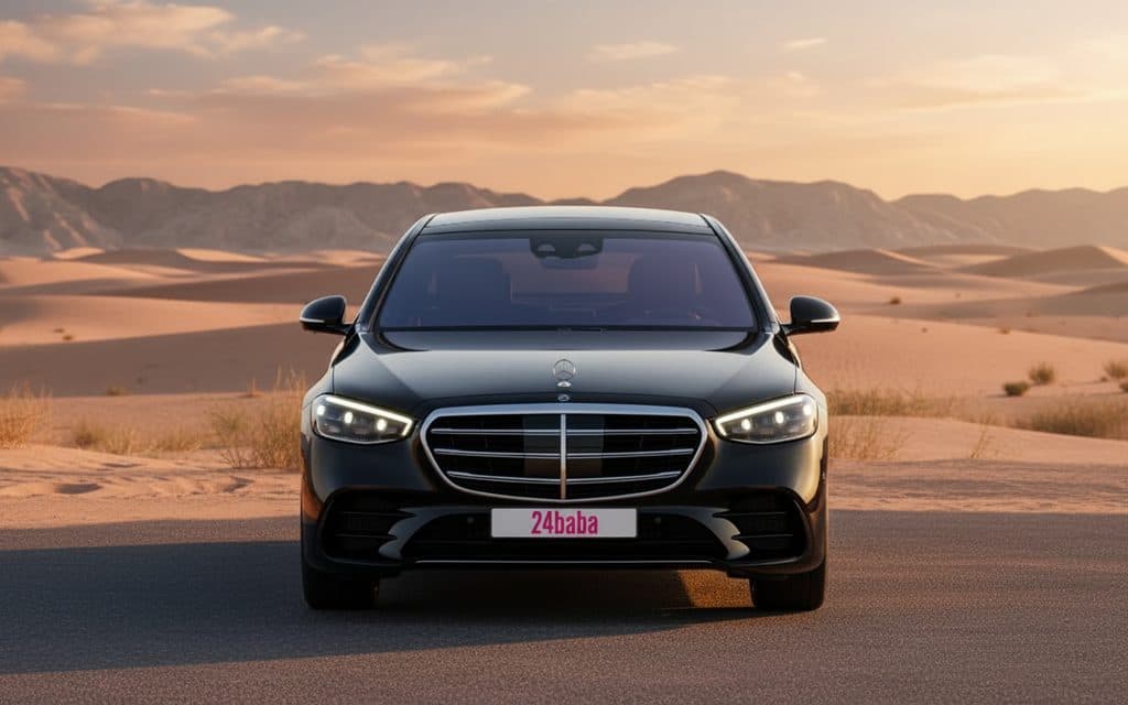 Mercedes S500 2021 Black front view with headlights – rental in Dubai