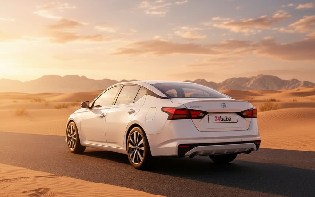 Nissan Altima 2022 White rear view showing taillights – rental in Dubai