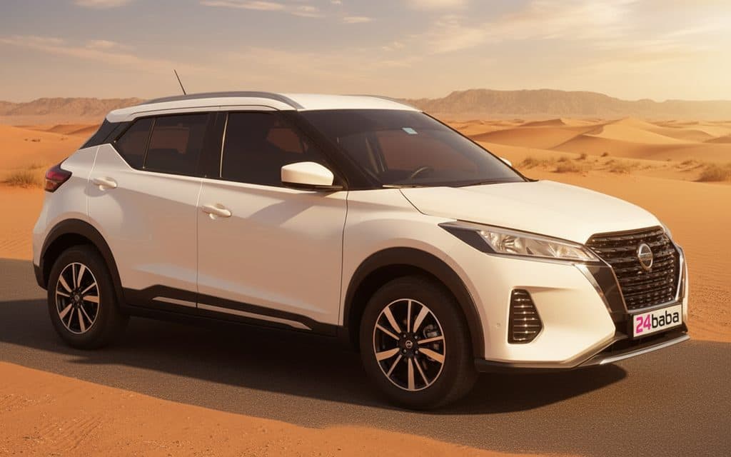 Nissan Kicks 2022 White front view with headlights – rental in Dubai