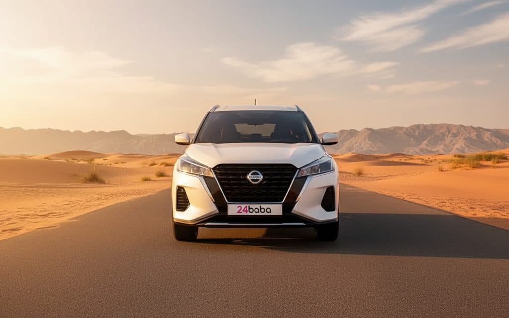 Nissan Kicks 2022 White front view with headlights – rental in Dubai