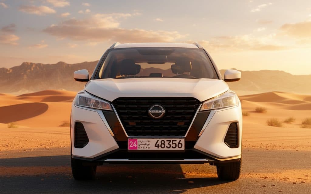 Nissan Kicks 2023 White front view with headlights – rental in Dubai