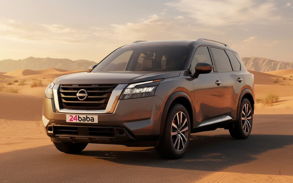Nissan Pathfinder 2022 Grey front view with headlights – rental in Dubai