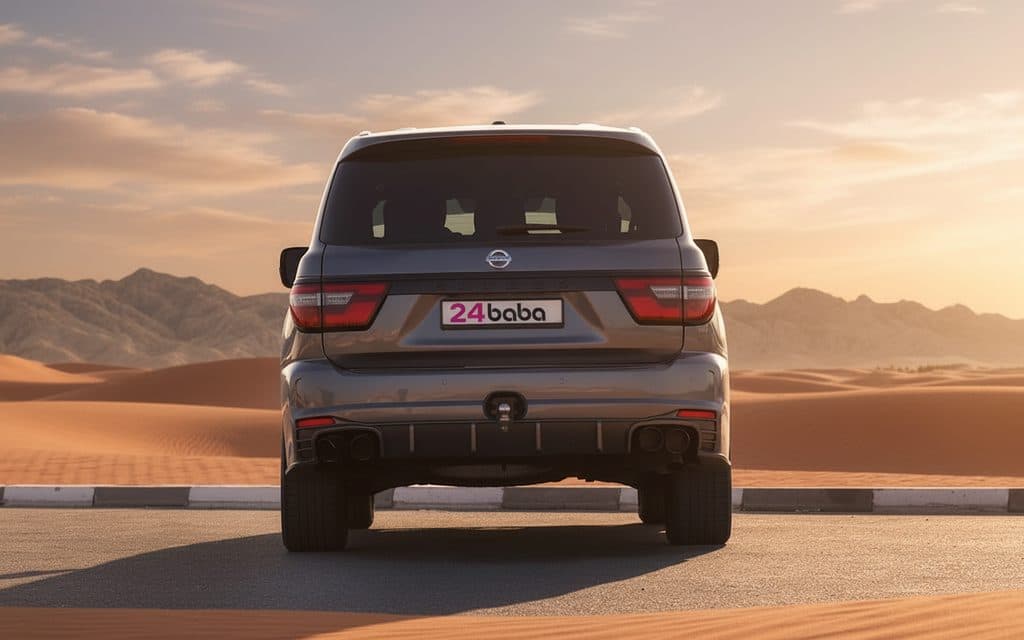 Nissan Patrol 2021 Grey rear view showing taillights – rental in Dubai
