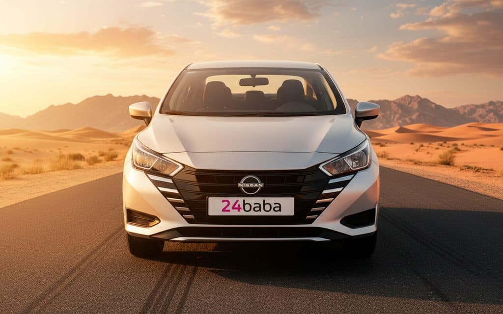 Nissan Sunny 2024 Grey front view with headlights – rental in Dubai