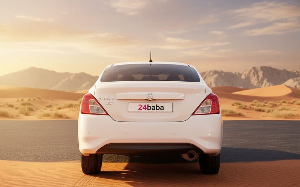 Nissan Sunny 2022 White rear view showing taillights – rental in Dubai