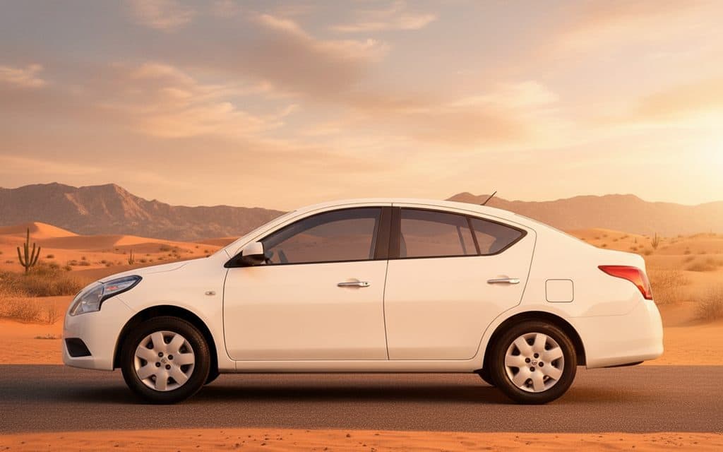 Nissan Sunny 2022 White side profile – rental in Dubai