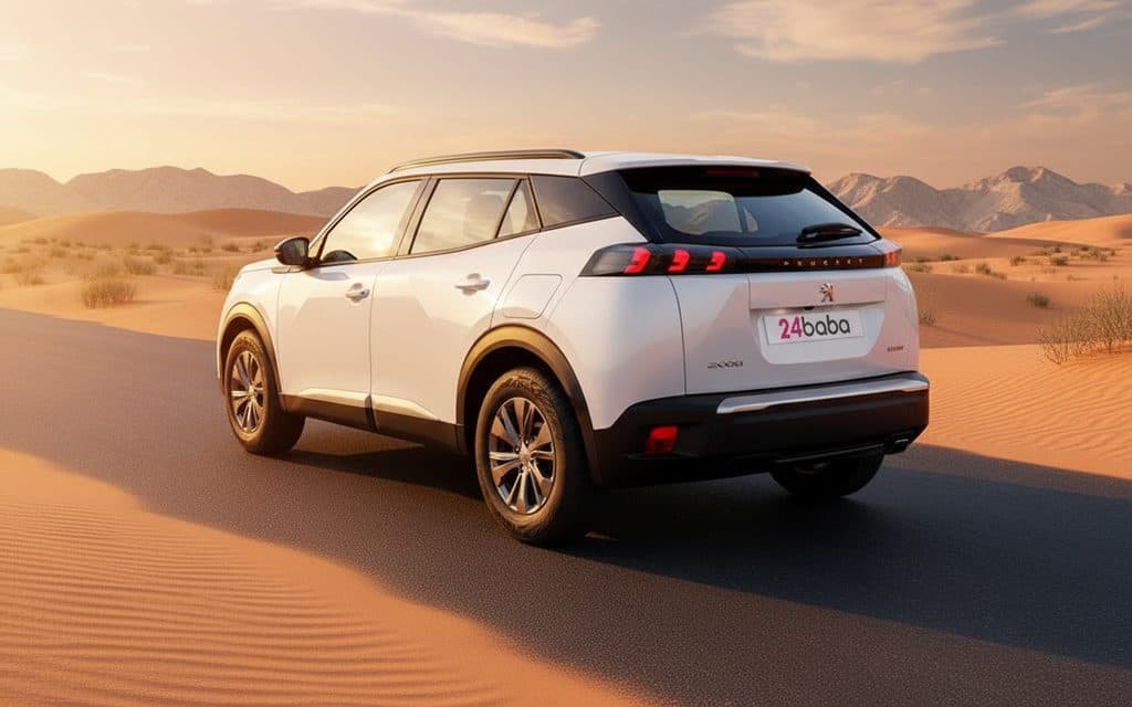 Peugeot 2008 2023 White rear view showing taillights – rental in Dubai