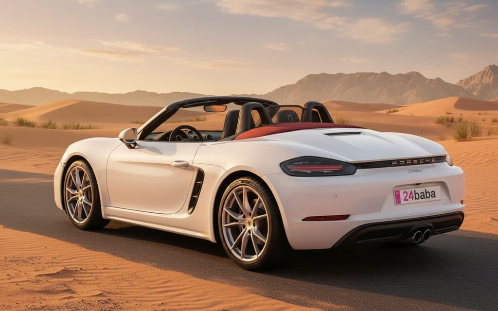 Porsche Boxster 2022 White rear view showing taillights – rental in Dubai