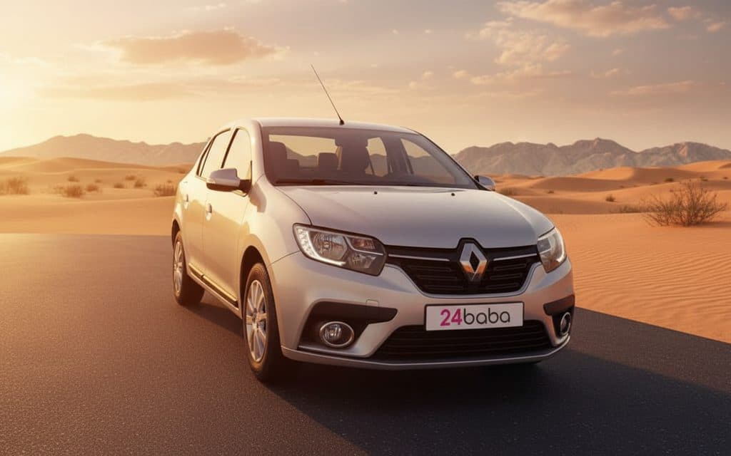 Renault Symbol 2021 Silver front view with headlights – rental in Dubai