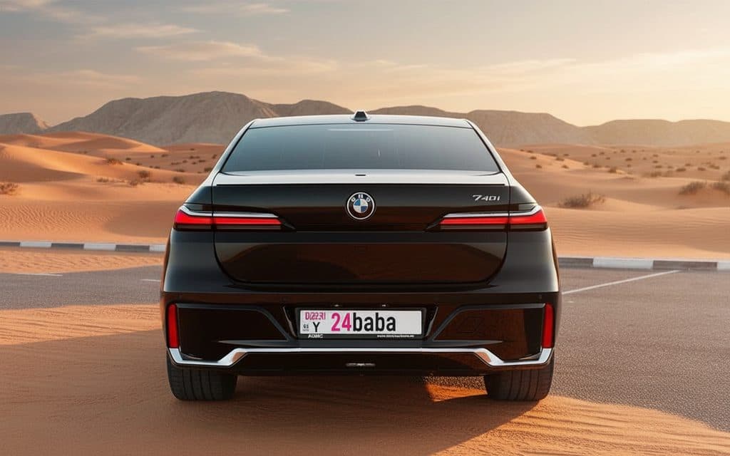 Bmw 740 2023 Black rear view showing taillights – rental in Dubai