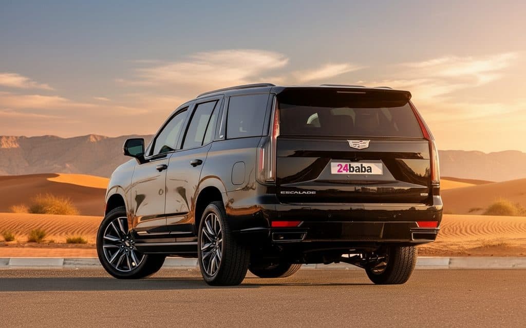 Cadillac Escalade 2023 Black rear view showing taillights – rental in Dubai