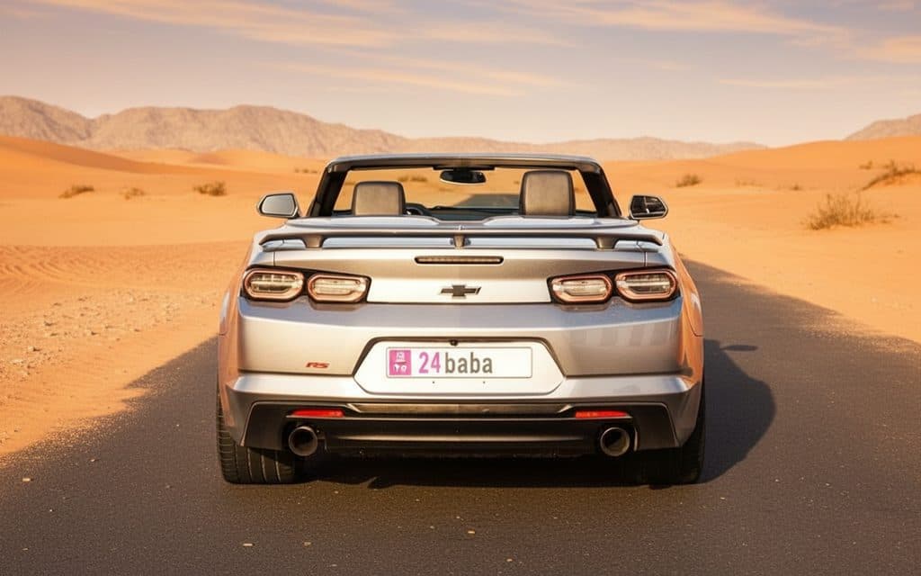 Chevrolet Camaro 2024 Silver rear view showing taillights – rental in Dubai