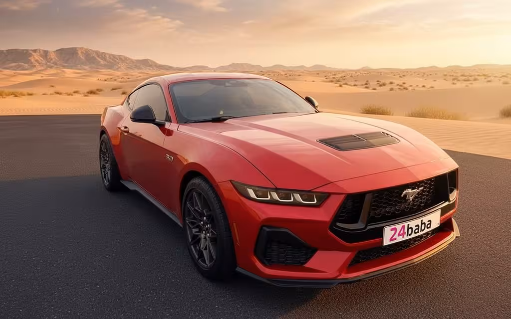 Ford Mustang 2024 Red front view with headlights – rental in Dubai