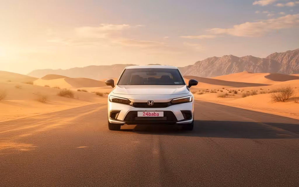 Honda Civic 2022 White front view with headlights – rental in Dubai