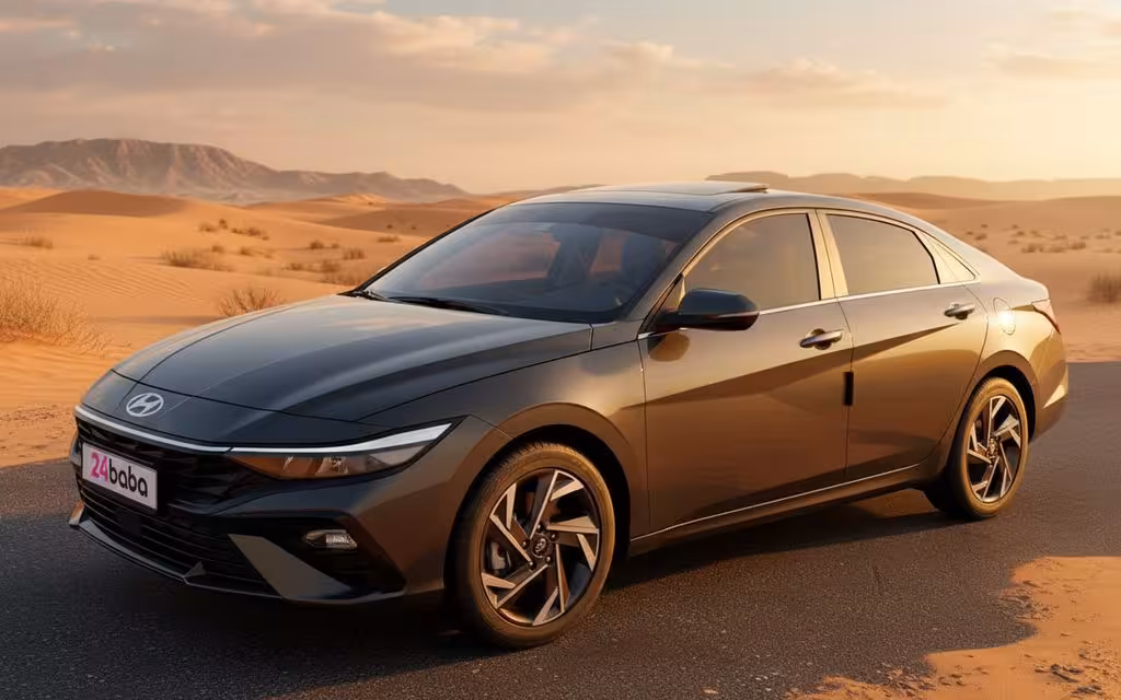 Hyundai Elantra 2024 Grey front view with headlights – rental in Dubai