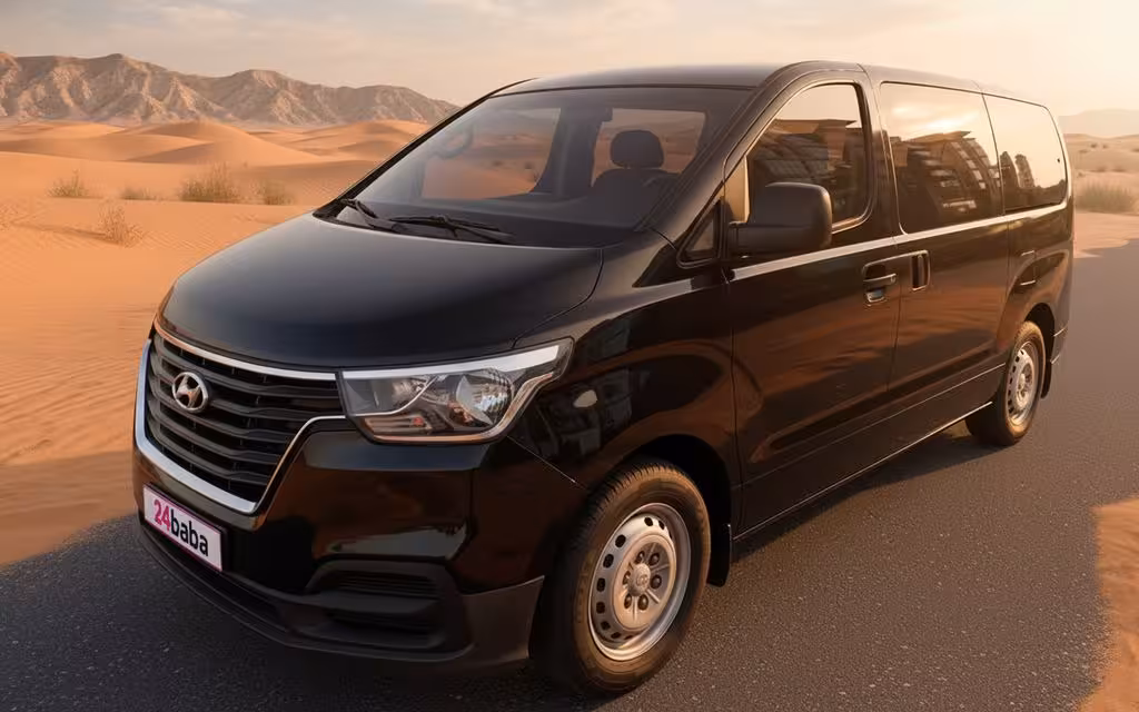 Hyundai H1 2020 Black front view with headlights – rental in Dubai