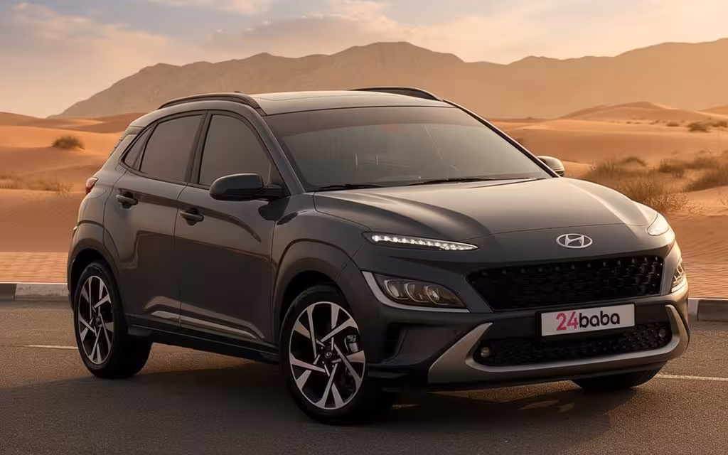 Hyundai Kona 2023 Black front view with headlights – rental in Dubai