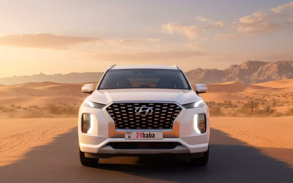 Hyundai Palisade 2021 White front view with headlights – rental in Dubai