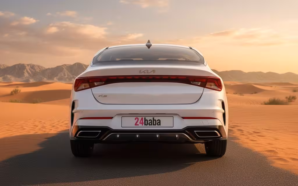 Kia K5 2022 White rear view showing taillights – rental in Dubai