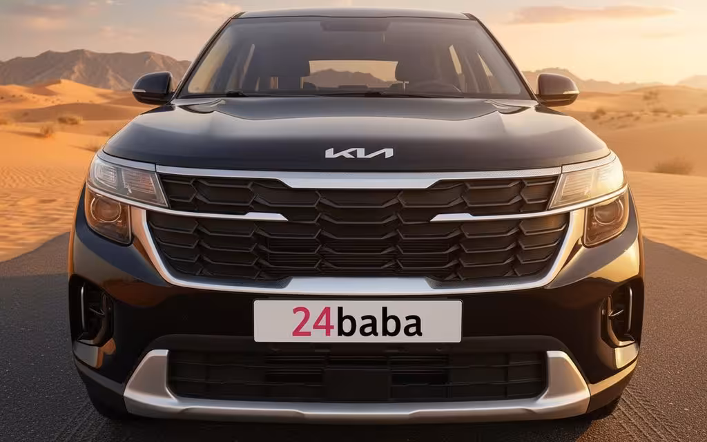Kia Seltos 2025 Black front view with headlights – rental in Dubai