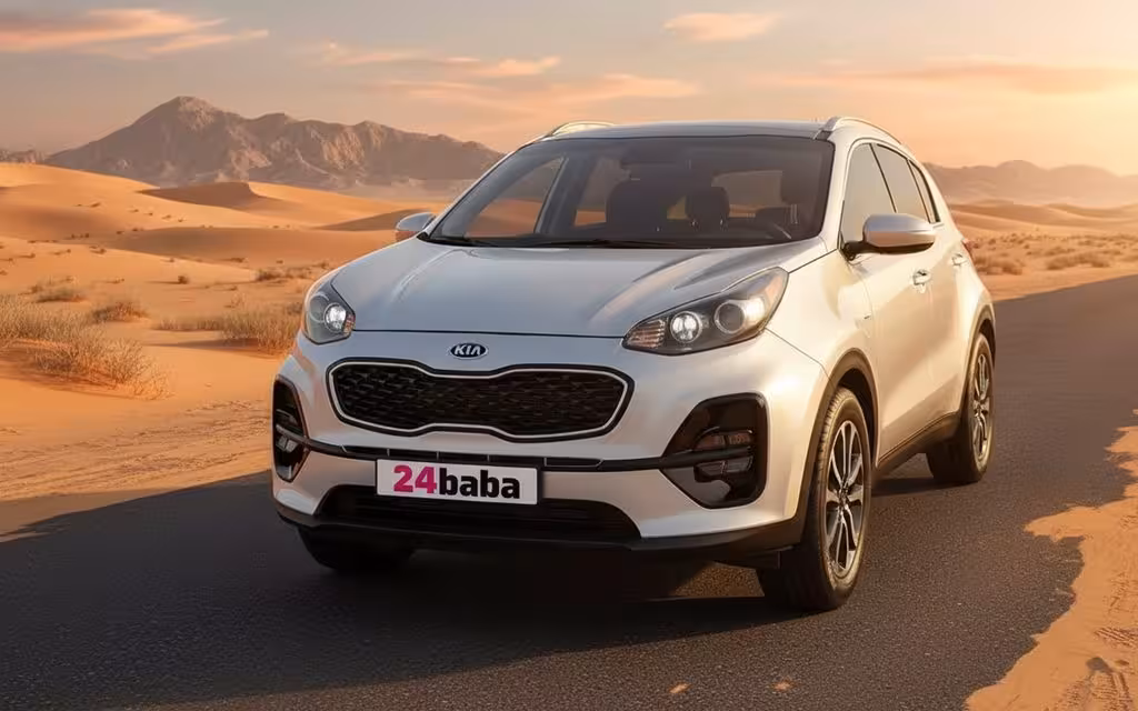Kia Sportage 2021 Silver front view with headlights – rental in Dubai