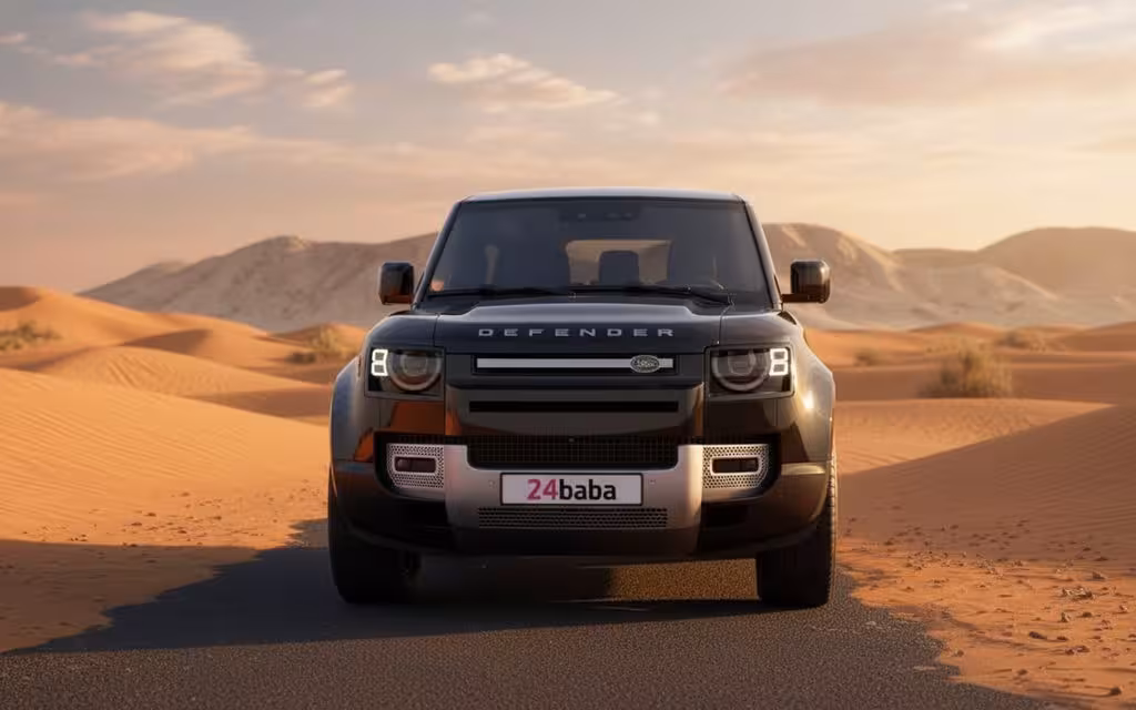 LandRover Defender 2023 Black front view with headlights – rental in Dubai