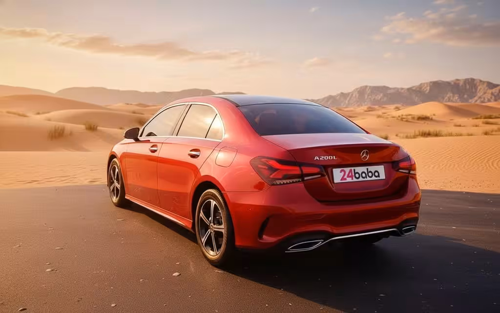 Mercedes A200 2023 Red rear view showing taillights – rental in Dubai