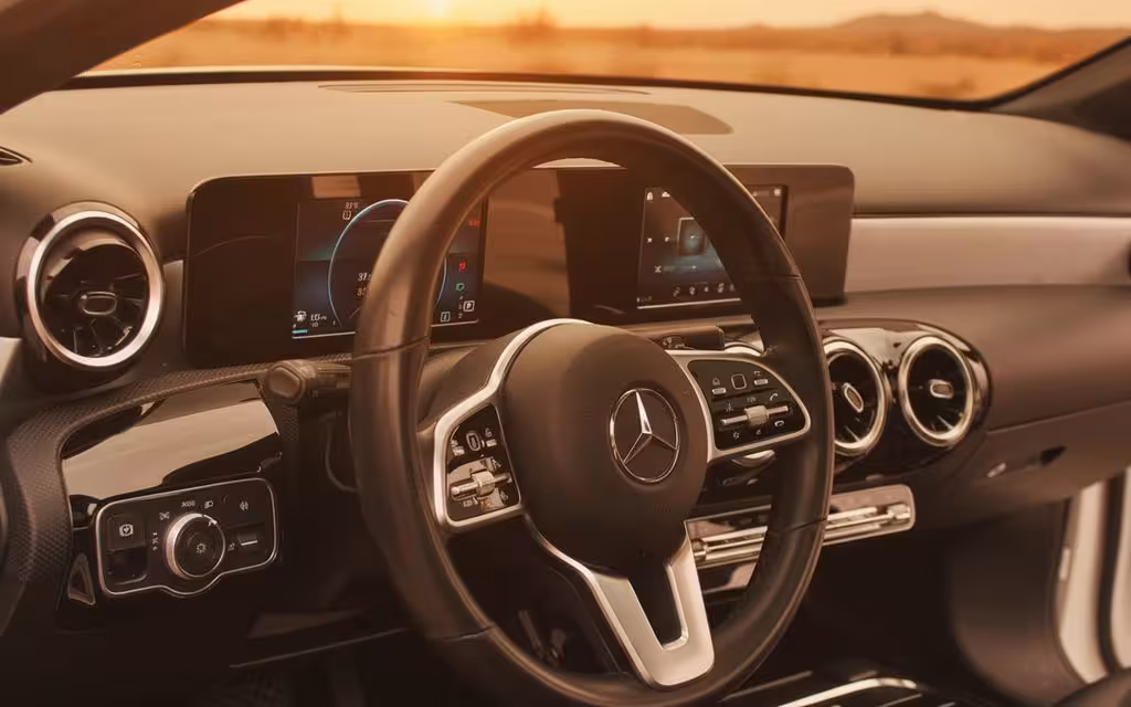 Mercedes A220 2025 steering wheel close up – rental in Dubai