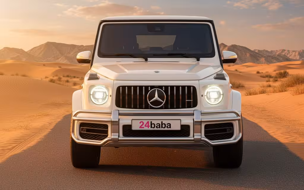 Mercedes G63 2020 White front view with headlights – rental in Dubai