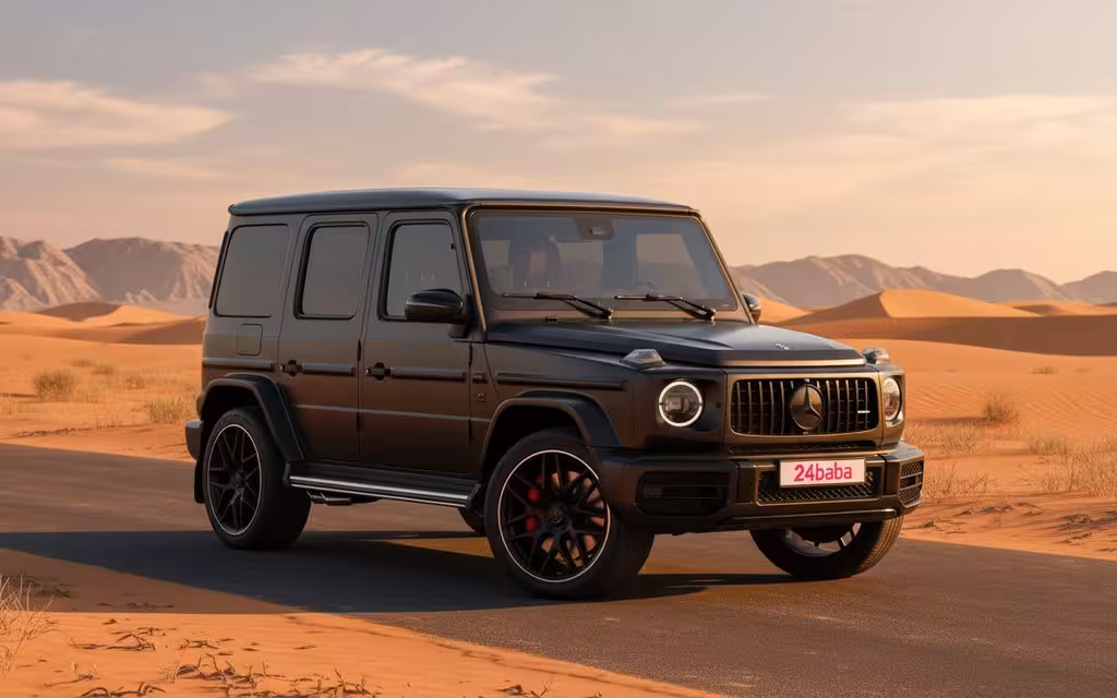 Mercedes G63 2020 Black front view with headlights – rental in Dubai