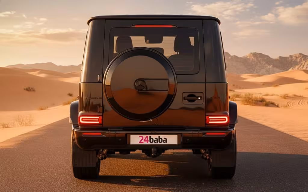 Mercedes G63 2025 Black rear view showing taillights – rental in Dubai