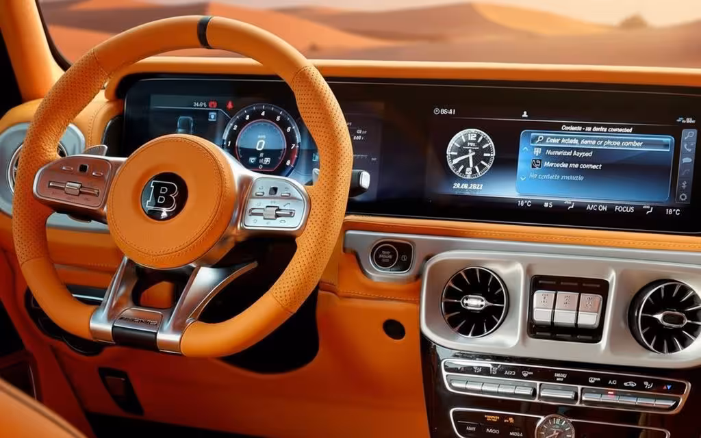 Mercedes G63 2025 interior view showing trim – rental in Dubai