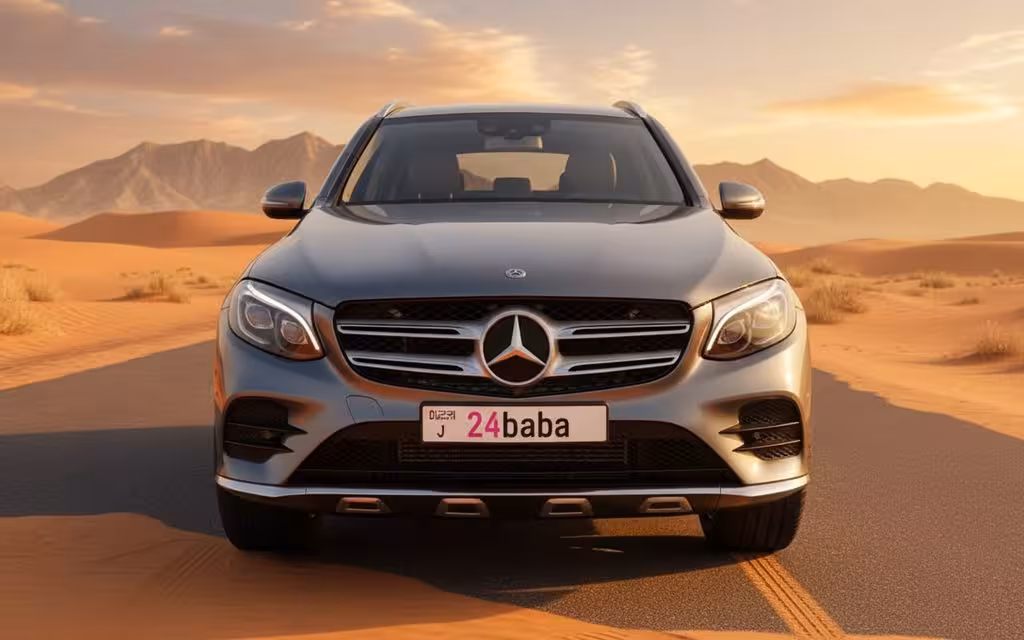 Mercedes Glc300 2021 Grey front view with headlights – rental in Dubai